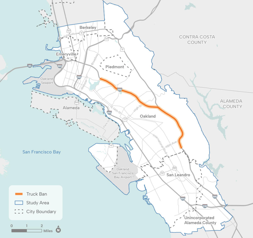 Map of the Study Area, encompassing parts or the full extents of Oakland, Berkeley, Emeryville, Piedmont, Alameda, San Leandro, and parts of unincorporated Alameda County. The I-580 truck ban segment of the highway is highlighted in orange.